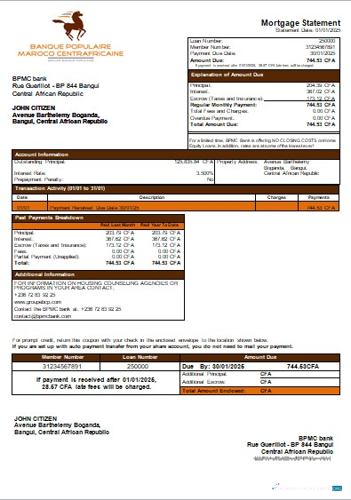 Download Central African Republic BPMC bank mortgage statement scr Photoshop template